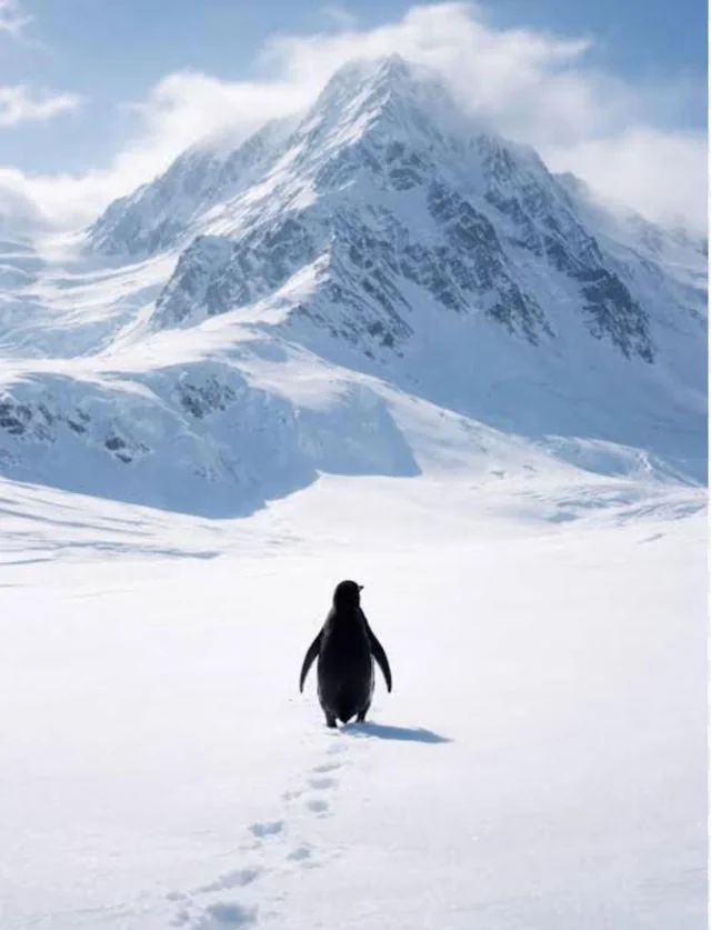 Vorlage: helle, bläuliche Fotografie mit Pinguin-Silhouette und Bergen